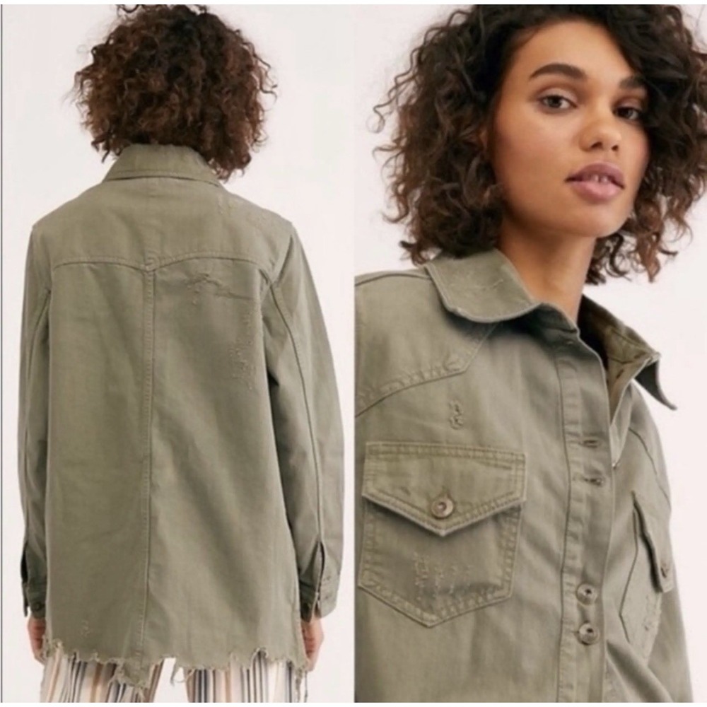 Free People We The Free Distressed Military Jacket Olive Green Utility Shacket